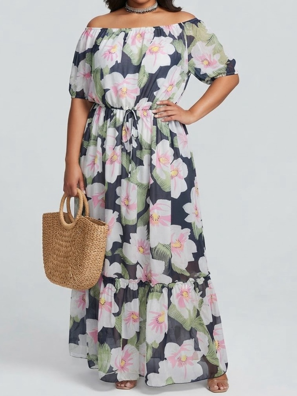 NWOT EXPRESSIONS Tiered Floral Maxi Dress in Black, White, Pink & Green 2X